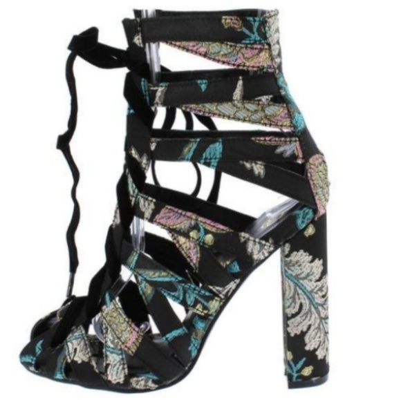TRANQUILITY Tapestry Cutout Strappy Peep Toe Heels - Picture 3 of 7